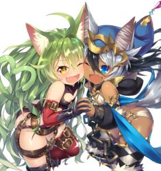  2girls :d ;d ahoge animal_ears argyle_clothes argyle_legwear ass bare_shoulders belt belt_skirt bettle_(b_s_a_n) black_gloves black_hair black_legwear blue_eyes blue_hat brown_eyes cat_ears cat_tail chained chains cheek-to-cheek clothing_cutout commentary_request dark-skinned_female dark_skin elbow_gloves flat_chest gloves hair_between_eyes hat heads_together heart heart_cutout heart_tail highres holding_hands leaning_forward long_hair looking_at_viewer multiple_girls oerba_yun_fang one_eye_closed open_mouth puniru_(sennen_sensou_aigis) red_legwear saval_(sennen_sensou_aigis) sennen_sensou_aigis smile standing tail white_hair white_legwear 