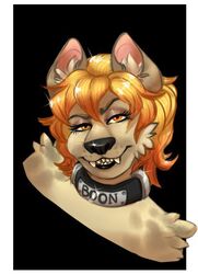  adjustedbicuspid anthro boon_digges bust_portrait collar female fur hair hyena inner_ear_fluff mammal orange_eyes portrait red_hair smile solo spotted_hyena tan_body tan_fur text text_on_collar tuft 