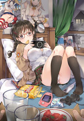  alarm_clock ass bad_id bad_pixiv_id bed bed_sheet black_hair black_legwear breasts chips_(food) cleavage clock cup drinking_glass elbow_gloves fate/extra fate/extra_ccc fate_(series) female food food_in_mouth fruit game_boy_advance glasses gloves hair_ornament hairclip handheld_game_console highres indoors jimiko kantai_collection kneehighs large_breasts lay&#039;s_(potato_chips) long_hair looking_at_viewer natsuki_subaru nero_claudius_(bride)_(fate) nero_claudius_(fate) nintendo_ds no_shoes on_bed original otaku otaku_room out_of_frame panties pantyshot photoshop_(medium) pillow plaid plaid_skirt playing_games playstation_controller playstation_portable pokemon pokemon_xy poster_(object) potato_chips pov pov_hands purple_eyes re:zero_kara_hajimeru_isekai_seikatsu rem_(re:zero) rensouhou-chan shimakaze_(kancolle) skirt socks strawberry sweater_vest tom_sun underwear uniform white_panties window window_shadow 