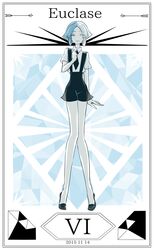  1other androgynous arm_at_side bare_arms bare_legs black_footwear black_necktie black_shorts blue_eyes blue_theme border character_name closed_mouth cojima collared_shirt commentary_request dated euclase_(houseki_no_kuni) full_body gem_(symbol) gem_uniform_(houseki_no_kuni) grey_eyes heterochromia houseki_no_kuni looking_at_viewer monochrome multicolored_hair necktie other_focus roman_numeral shirt shoes short_hair short_sleeves shorts sidelocks smile solo standing suspender_shorts suspenders tiptoes two-tone_hair uniform white_shirt 