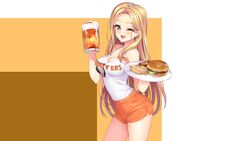  blonde_hair blue_eyes blush breasts brown cleavage drink food gan_(shanimuni) hooters long_hair orange original photoshop shorts white wink 