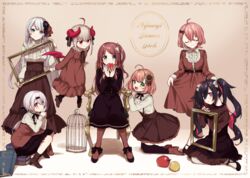  6+girls :d :o ahoge akabane_youko apple armchair bad_id bad_pixiv_id birdcage black_dress black_footwear black_legwear blush book book_stack boots bow breasts brown_bow brown_dress brown_footwear brown_hair brown_legwear brown_skirt cage center_frills chair closed_eyes closed_mouth commentary_request copyright_name curled_horns demon_girl demon_horns demon_wings dress facing_viewer flower flying food frills fruit gradient_hair green_eyes grey_hair hair_between_eyes hair_flower hair_ornament hairbow head_tilt high-waist_skirt high_heel_boots high_heels holding holding_food holding_fruit honma_himawari horns kneeling long_hair looking_at_viewer makaino_ririmu medium_breasts multicolored_hair multiple_girls nijisanji on_chair one_side_up open_mouth over-kneehighs parted_lips picture_frame pink_hair pleated_skirt purple_eyes purple_hair red_apple red_eyes red_hair red_wings sasaki_saku setsuna_(nijisanji) shiina_yuika shirt sitting skirt smile standing sunflower sunflower_hair_ornament thighhighs twintails two-tone_hair very_long_hair virtual_youtuber white_hair white_shirt wings yamabukiiro yamiyono_moruru yellow_flower 