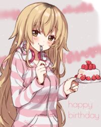  :t animal_ear_headphones animal_ears bad_id bad_pixiv_id blush breasts brown_eyes cake cat_ear_headphones cat_ears closed_mouth collarbone commentary_request drawstring eating fake_animal_ears female food fruit hair_between_eyes happy_birthday head_tilt headphones headphones_around_neck holding holding_food hood hood_down hooded_jacket ienaga_mugi ienaga_mugi_(1st_costume) jacket light_brown_hair long_hair long_sleeves looking_at_viewer nijisanji small_breasts smile solo strawberry striped_clothes striped_jacket upper_body utensil_in_mouth very_long_hair virtual_youtuber yamabukiiro 