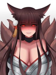  akagi_(azur_lane) akagi_(deep_crimson_poppy)_(azur_lane) animal_ears azur_lane bare_shoulders blush breasts brown_hair choker cleavage collarbone commentary_request female fox_ears fox_girl fox_tail glowing glowing_eyes hair_ornament highres japanese_clothes kimono kitsune large_breasts long_hair looking_at_viewer multiple_tails off_shoulder official_alternate_costume red_eyes smile snow_dusk solo tail white_kimono yandere 