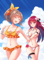  2girls :d :o bad_arm bikini blue_sky bow breasts brown_hair cattleya_(flower_knight_girl) cleavage closed_eyes cloud commentary_request day facing_viewer flower flower_bracelet flower_knight_girl frilled_bikini frills hair_between_eyes hair_flower hair_ornament hairbow hibiscus holding_hands jewelry kusumoto_miya large_breasts long_hair looking_at_another medium_breasts multiple_girls navel necklace oncidium_(flower_knight_girl) open_mouth orange_bikini orange_bow outdoors ponytail purple_eyes short_ponytail side-tie_bikini_bottom sky smile standing swimsuit thigh_strap thighs underboob white_bikini 