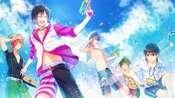  5boys akiyama_hayato asymmetrical_clothes bad_id bad_pixiv_id black_hair closed_eyes cloud cloudy_sky commentary_request confetti day fuyumi_jun glasses green_hair grey_hair high_x_joker_(idolmaster) hood idolmaster idolmaster_side-m iseya_shiki male_focus male_swimwear map_(map_imas) multiple_boys navel one_eye_closed open_mouth orange_hair pink-framed_eyewear sakaki_natsuki sky sleeveless smile squatting sweatband swim_trunks topless_male towel towel_on_head wakazato_haruna water water_gun 