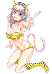  animal_ears animal_print bikini blush boots breasts cat_ears cat_tail cleavage commentary_request female ganari_ryuu green_eyes headphones headset highres large_breasts long_hair looking_at_viewer midriff navel oerba_yun_fang open_mouth original pink_hair pointing smile solo super_tama_musume swimsuit tail tamatoys tiger_print 