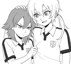  2boys commentary_request greyscale inazuma_eleven_(series) inazuma_eleven_go kariya_masaki kirino_ranmaru lightning_bolt_symbol long_hair lowres male_focus monochrome multiple_boys open_mouth raimon riho soccer_uniform sportswear twintails white_background 