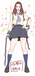  blue_eyes brown_hair chains commentary_request female full_body kneehighs legs_apart loafers long_hair long_sleeves looking_at_viewer miniskirt original photoshop_(medium) school_uniform serafuku shoes skirt smile socks solo tabe_koji 