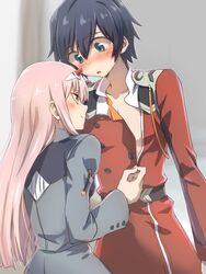  1boy :o aqua_eyes assisted_exposure black_hair blush commentary_request cosplay costume_switch couple crossdressing darling_in_the_franxx dress female hair_between_eyes herozu_(xxhrd) hiro_(darling_in_the_franxx) hiro_(darling_in_the_franxx)_(cosplay) horns long_hair long_sleeves looking_at_another military military_uniform nose_blush pink_hair red_dress smile straight undressing uniform zero_two_(darling_in_the_franxx) zero_two_(darling_in_the_franxx)_(cosplay) zipper 