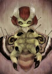  abuse ambiguous_gender animal_humanoid anthro arthropod arthropod_abdomen arthropod_humanoid digital_media_(artwork) digital_painting_(artwork) fluffy green_body green_eyes green_skin hair humanoid insect_humanoid insect_legs insect_wings insects lepidopteran lepidopteran_humanoid looking_at_viewer markings moth moth_humanoid mouthless multi_limb nail nailed pain realistic red_hair ruu_bot sewing_pin short_hair solo wing_markings wings 