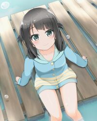  black_hair cacao_(chocolat) commentary_request dock female folded_hair green_eyes hair_rings highres long_hair nagi_no_asukara shiodome_miuna sitting smile solo twintails 