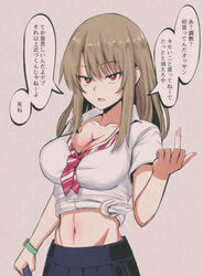  blue_skirt breasts bright_pupils brown_hair cleavage copyright_request eyebrows_visible_through_hair female large_breasts long_hair looking_at_viewer mamerakkkkko middle_finger midriff navel necktie parted_lips pleated_skirt red_eyes red_neckwear school_uniform shirt skirt solo translation_request watch white_pupils white_shirt wristwatch 