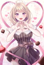  :d ahoge akamatsu_kaede alternate_costume artist_name bangs banned_artist bare_shoulders black_bow blonde_hair blush bow breasts candy chocolate chocolate_heart cleavage collarbone cowboy_shot danganronpa_(series) danganronpa_v3:_killing_harmony dress eyebrows_visible_through_hair female food frills hair_ornament happy_valentine heart heart_ahoge heart_hands heart_print highres large_breasts long_hair looking_at_viewer musical_note_hair_ornament nabekokoa open_mouth purple_eyes repost_notice short_sleeves smile solo striped striped_dress symbol_commentary valentine 