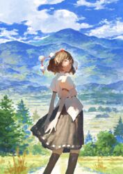  arms_behind_back bare_arms black_hair blue_sky brown_hair brown_thighhighs cloud cloudy_sky collared_shirt commentary feet_out_of_frame female fjsmu forest from_behind grasslands hat highres impressionism looking_at_viewer looking_back mountainous_horizon nature outdoors pointy_ears pom_pom_(clothes) puffy_short_sleeves puffy_sleeves red_eyes ribbon ribbon-trimmed_skirt ribbon_trim scenery shameimaru_aya shirt short_hair short_sleeves sideways_glance sky smile solo thighhighs tokin_hat touhou white_ribbon white_shirt wind 