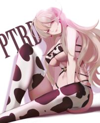  absurdres animal_costume animal_print blonde_hair bra breasts character_name closed_mouth cow_costume cow_print earrings female from_side girls&#039;_frontline hand_on_floor highres jewelry large_breasts lips long_hair looking_at_viewer mole mole_under_eye ohc. on_floor ptrd_(girls&#039;_frontline) purple_eyes sitting smile solo thighhighs underwear white_background 