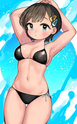  arm_behind_head armpits bad_id bad_pixiv_id bikini black_bikini black_hair blue_eyes breasts commentary cowboy_shot female hair_ornament hairclip highres medium_breasts miyama_(kannsannn) navel original short_hair side-tie_bikini_bottom solo swimsuit thigh_gap 