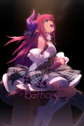  asymmetrical_horns bare_shoulders black_dress blue_eyes blush breasts character_name circle_skirt curled_horns dragon_girl dragon_horns dragon_tail dress echo_(circa) elizabeth_bathory_(fate) elizabeth_bathory_(fate/extra_ccc) elizabeth_bathory_(second_ascension)_(fate) fate/extra fate/extra_ccc fate_(series) female hair_ribbon horns layered_skirt long_hair looking_up open_mouth pink_hair plaid plaid_skirt pointy_ears ribbon skirt small_breasts solo tail thighs two_side_up uneven_horns white_skirt 