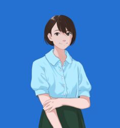  black_hair blue_background blue_shirt brown_eyes female highres looking_at_viewer monohimawari nozomi_(sonny_boy) shirt short_hair short_sleeves simple_background skirt smile solo sonny_boy standing 