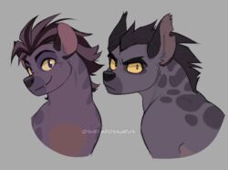  2019 artist_name black_hair black_nose dark_body dark_fur disney duo eyebrows female feral fur grey_background hair hyena janja_(the_lion_guard) jasiri_(the_lion_guard) looking_at_viewer male mammal markings shrimposaurus simple_background smile spots spotted_body spotted_fur spotted_hyena the_lion_guard the_lion_king yellow_sclera 