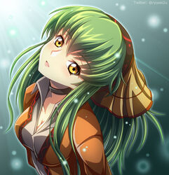  black_choker breasts c.c. choker cleavage code_geass collarbone dress_shirt female green_hair grey_shirt head_tilt highres jacket long_hair looking_at_viewer medium_breasts open_clothes open_jacket open_mouth orange_jacket pink_shirt ryusei2u shirt solo twitter_username upper_body watermark yellow_eyes 