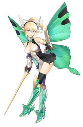  arm_guards armored_boots bare_shoulders blonde_hair blue_eyes blush boots breasts cleavage commentary_request dress elbow_gloves elf fairy fairy_knight_princess_elfina female full_body gloves guilty_princess hair_ornament high_heels high_ponytail holding holding_sword holding_weapon knee_boots long_hair looking_at_viewer mechanical_wings medium_breasts open_mouth pointy_ears ponytail rapier shiny_skin short_dress sidelocks sleeveless solo sword thighhighs thighs tony_taka weapon white_background wings 