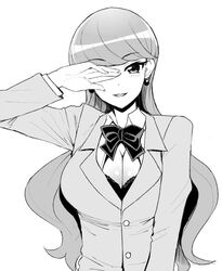  blush bow bowtie bra breasts bursting_breasts cleavage collared_shirt commentary dot_nose earrings female frilled_bra frills greyscale hand_over_eye hand_up huge_breasts jacket jewelry kirakira_precure_a_la_mode kotozume_yukari long_hair long_sleeves looking_at_viewer monochrome one_eye_covered precure shirt simple_background smile solo swept_bangs tamagoroo underwear upper_body white_background wing_collar 