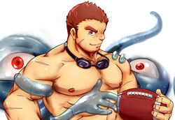  1boy abs ball bara brown_hair doro_rich facial_hair goatee goggles goggles_around_neck large_pectorals long_sideburns looking_at_viewer male_focus muscular muscular_male nipples nude pectorals rugby_ball scar scar_on_cheek scar_on_face short_hair sideburns smile solo spirit stubble tamamura_gunzo thick_eyebrows tokyo_afterschool_summoners upper_body 