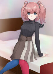  alternate_costume asymmetrical_legwear atlanta_(kancolle) bed black_sweater blue_legwear breasts brown_hair brown_skirt casual duplicate earrings female grey_eyes highres jewelry kantai_collection kodama_(mmt_uf) large_breasts long_hair looking_at_viewer mismatched_legwear necklace official_alternate_costume pantyhose pixel-perfect_duplicate red_legwear ribbed_sweater sitting skirt smile solo star_(symbol) star_earrings sweater turtleneck turtleneck_sweater two_side_up 