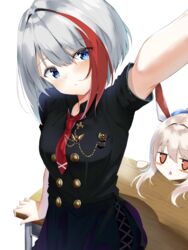  2girls admiral_graf_spee_(azur_lane) admiral_graf_spee_(girl&#039;s_sunday)_(azur_lane) arm_support ayanami_(azur_lane) azur_lane black_dress blue_eyes blush_stickers buttons closed_mouth collared_shirt commentary desk double-breasted dress empty_eyes expressionless grey_hair head_tilt hino_kagutsuki jitome multicolored_hair multiple_girls necktie official_alternate_costume red_hair red_necktie school_desk selfie shirt short_sleeves simple_background solo_focus streaked_hair white_background 