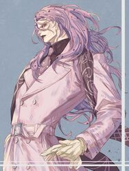  1boy black_eyes black_lips coat diavolo formal jojo_no_kimyou_na_bouken lipstick long_hair makeup male_focus manly necktie pink_hair polka_dot_necktie purple_hair scarf solo vento_aureo winter_clothes winter_coat yepnean 