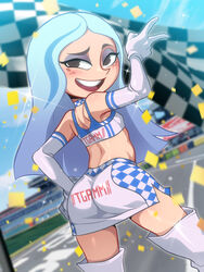  andrea_davenport ass blue_hair boots brown_eyes checkered_clothes checkered_flag confetti cowboy_shot elbow_gloves eyeshadow female flag from_behind gloves hand_on_own_hip jcm2 light_blue_hair light_blush long_hair looking_at_viewer looking_back makeup midriff miniskirt multicolored_hair open_mouth outdoors race_queen racetrack skirt smile solo streaked_hair teeth the_ghost_and_molly_mcgee thigh_boots upper_teeth_only v white_footwear white_gloves 