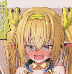  bare_shoulders blonde_hair blue_eyes copyright_request crying crying_with_eyes_open detached_collar female hair_between_eyes mamerakkkkko open_mouth pointy_ears reward_available saliva solo tears twintails upper_body 