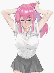  arms_up blue_eyes blush bmyoshikun123 closed_mouth collared_shirt female hair_between_eyes hands_in_hair highres holding holding_own_hair kawaii_dake_ja_nai_shikimori-san long_hair looking_at_viewer miniskirt pink_hair ponytail school_uniform shikimori_(kawaii_dake_ja_nai) shirt short_sleeves simple_background skirt smile solo sweat tying_hair white_background white_shirt 