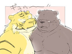  2021 4:3 anthro bear blush bodily_fluids duo felid inunoshippo japanese_text kemono male mammal moobs overweight overweight_male pantherine simple_background sweat text tiger 