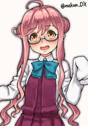  ahoge blue-framed_eyewear blush collared_shirt double_bun dress dress_shirt female glasses hair_bun halter_dress halterneck highres kantai_collection long_hair long_sleeves looking_at_viewer maakun_(makun_dx) makigumo_(kancolle) nose_blush one-hour_drawing_challenge pink_hair pleated_dress purple_dress shirt simple_background sleeves_past_fingers sleeves_past_wrists solo twintails twitter_username upper_body white_background white_shirt yellow_eyes 