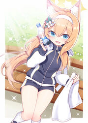  :d animal_ear_fluff animal_ears black_footwear black_jacket black_shorts blonde_hair blue_archive blush bottle commentary_request day feet_out_of_frame female flower gym_shorts hair_between_eyes hair_flower hair_ornament hairband halo harada_(sansei_rain) highres holding holding_bottle jacket kneehighs long_hair long_sleeves looking_at_viewer low_ponytail mari_(blue_archive) mari_(track)_(blue_archive) official_alternate_costume on_bench outdoors ponytail puffy_long_sleeves puffy_sleeves short_shorts shorts sitting smile socks solo sweat track_jacket very_long_hair water_bottle white_flower white_hairband white_socks yellow_halo 