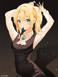  black_dress blonde_hair blue_eyes blue_scrunchie blush collared_shirt dress female ggumbam hair_ornament hair_scrunchie hair_tie hair_tie_in_mouth hands_up hayasaka_ai highres kaguya-sama_wa_kokurasetai_~tensai-tachi_no_renai_zunousen~ long_hair long_sleeves maid mouth_hold scrunchie shadow shirt side_ponytail solo tying_hair white_shirt 