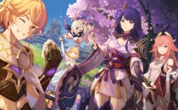  1boy 4girls aether_(genshin_impact) blonde_hair breasts cleavage detached_sleeves food genshin_impact grass hair_ornament halo highres japanese_clothes kimono looking_at_viewer lumine_(genshin_impact) multiple_girls niac one_eye_closed onigiri outdoors paimon_(genshin_impact) pink_hair purple_eyes purple_hair raiden_shogun romper shrug_(clothing) smile sushi thighs tree waving white_romper yae_miko 