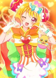  ;d absurdres blonde_hair commentary cure_yum-yum delicious_party_precure female gloves hair_bun hanamichi_ran heart heart_background highres index_finger_raised long_hair looking_at_viewer magical_girl mem-mem_(precure) one_eye_closed orange_background precure red_eyes single_hair_bun smile sugimura_mickey white_gloves 