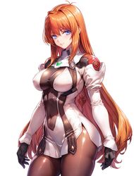  ai-generated black_gloves blue_eyes breasts closed_mouth commentary_request covered_navel drachenriese dress elhaym_van_houten female gloves long_hair looking_at_viewer medium_breasts orange_hair pantyhose simple_background smile solo standing very_long_hair white_background xenogears 