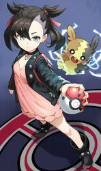  1other aqua_eyes black_hair black_jacket black_nails dress electricity female highres holding holding_poke_ball jacket marnie_(pokemon) morpeko morpeko_(full) pink_dress poke_ball poke_ball_(basic) pokemon pokemon_(creature) pokemon_swsh tokumaro twintails 