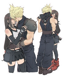  1boy armor arms_around_neck baggy_pants bare_shoulders black_gloves black_hair black_skirt black_sports_bra black_thighhighs blonde_hair boots breasts brown_footwear brown_gloves closed_eyes cloud_strife commentary couple cowboy_shot crop_top cropped_legs elbow_gloves female final_fantasy final_fantasy_vii final_fantasy_vii_remake fingerless_gloves full_body gloves hand_on_another&#039;s_hip highres hug implied_kiss large_breasts long_hair looking_at_another low-tied_long_hair midriff miniskirt pants parted_lips pudelmudel red_eyes red_footwear ribbed_sweater shoulder_armor single_sidelock skirt sleeveless sleeveless_turtleneck spiked_hair sports_bra standing straight suspender_skirt suspenders sweater swept_bangs tank_top thighhighs tifa_lockhart turtleneck turtleneck_sweater very_long_hair white_background white_tank_top zettai_ryouiki 