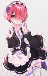  apron black_dress black_sleeves bow detached_sleeves dress eringikinono female frilled_dress frilled_sleeves frills grey_background hair_ornament hair_ribbon highres looking_at_viewer maid maid_headdress pink_hair purple_ribbon ram_(re:zero) re:zero_kara_hajimeru_isekai_seikatsu ribbon roswaal_mansion_maid_uniform short_hair solo thighhighs twitter_username white_apron white_bow wide_sleeves x_hair_ornament 