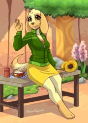  animal_crossing anthro beagle bottomwear breasts canid canine canis cleavage clothed clothing digital_media_(artwork) domestic_dog female fur furgonomics gloves_(marking) goldie_(animal_crossing) green_clothing green_jacket green_topwear hi_res hunting_dog jacket keisha_makainn leg_markings mammal markings nintendo outside picnic scent_hound shaded skirt socks_(marking) solo tail tail_through_skirt topwear yellow_body yellow_bottomwear yellow_clothing yellow_fur yellow_skirt 