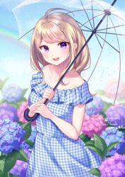  ahoge akamatsu_kaede alternate_costume artist_name bangs banned_artist bare_shoulders blonde_hair blue_dress blue_flower collarbone commentary_request danganronpa_(series) danganronpa_v3:_killing_harmony dress eyebrows_visible_through_hair female floral_background flower hair_ornament highres holding holding_umbrella hydrangea long_hair looking_at_viewer musical_note musical_note_hair_ornament nabekokoa open_mouth pink_flower purple_eyes repost_notice short_sleeves smile solo transparent transparent_umbrella two-tone_dress umbrella upper_teeth white_dress 