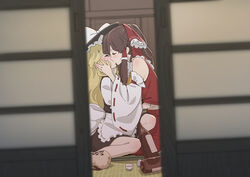  2girls absurdres bare_shoulders black_headwear black_skirt black_vest blonde_hair blush bottle bow brown_hair closed_eyes commentary_request detached_sleeves duplicate gourd hair_tubes hairbow hakurei_reimu hat highres indoors japanese_clothes kawayabug kirisame_marisa kissing long_hair multiple_girls nontraditional_miko partial_commentary pixel-perfect_duplicate red_bow red_skirt ribbon-trimmed_sleeves ribbon_trim shirt shouji sidelocks skirt sliding_doors tatami touhou vest white_shirt white_sleeves wide_sleeves witch_hat yuri 