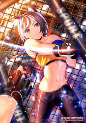  animal_ear_fluff animal_ears bare_shoulders black_gloves black_hair black_pants braid cat_ears closed_mouth collarbone crop_top female fence fingerless_gloves floating_hair frown gloves grey_eyes long_hair looking_at_viewer midriff multicolored_hair navel original pants pov solo_focus sports_bra stomach sysen twin_braids twintails two-tone_hair white_hair yellow_sports_bra 