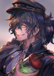  1boy alternate_costume black_hair bubble_tea close-up drink drinking_straw facial_hair fate/grand_order fate_(series) glowing glowing_eye hair_between_eyes hair_over_one_eye hat highres holding koha-ace long_hair long_sleeves looking_at_viewer male_focus military military_hat military_uniform nijimaarc okada_izou_(fate) open_mouth orange_eyes smile solo stubble tea uniform upper_body 