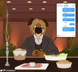  absurd_res anthro blonde_hair candle canid canine canis cellphone clothing cuckold domestic_dog electronics food formal_clothing formal_wear german_shepherd hair herding_dog hi_res male mammal pastoral_dog phone plant public restaurant suit text text_message texting texting_ui viola_bat 